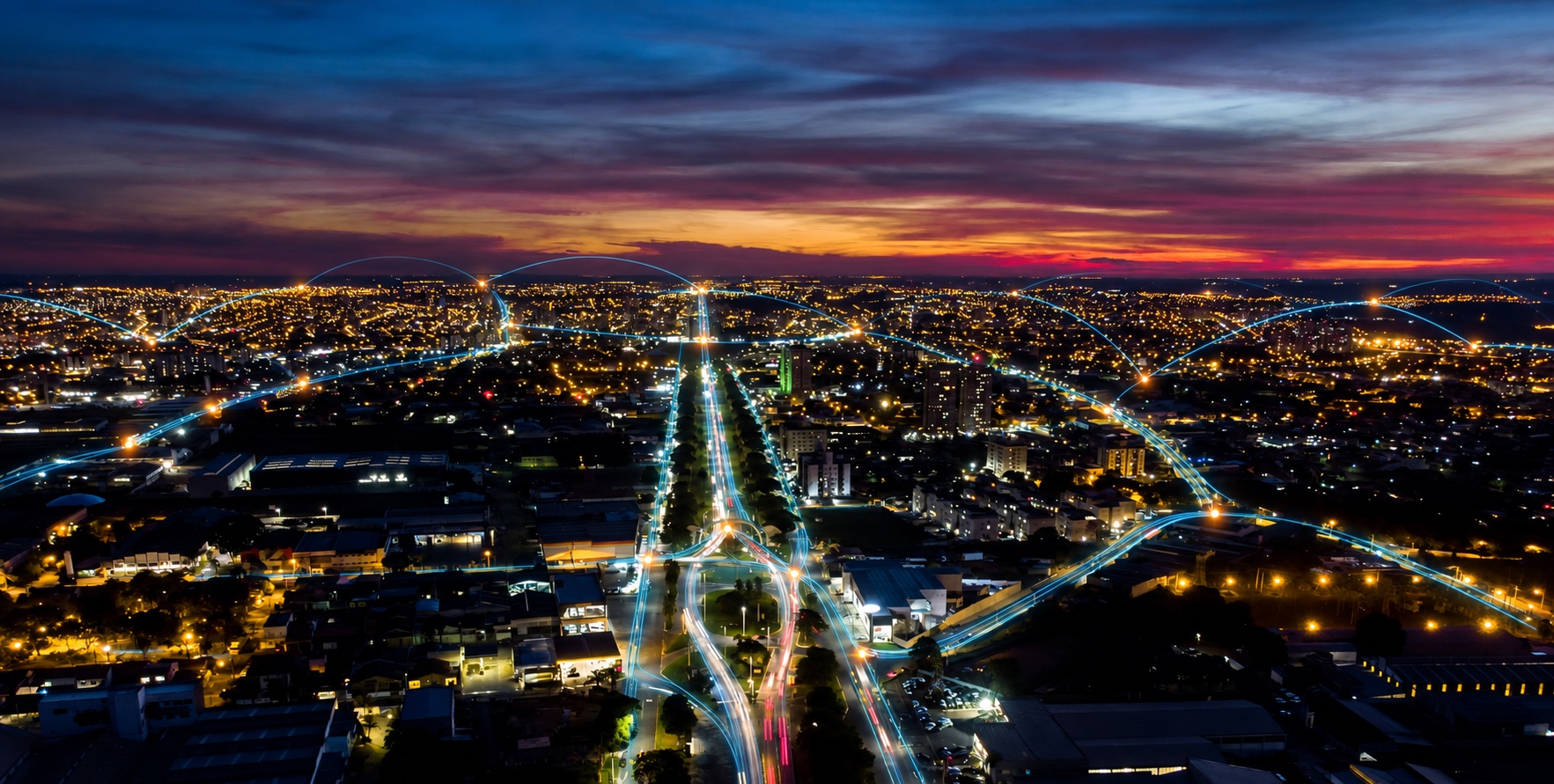 Vista aérea de Americana com uma representação visual de rotas de conectividade