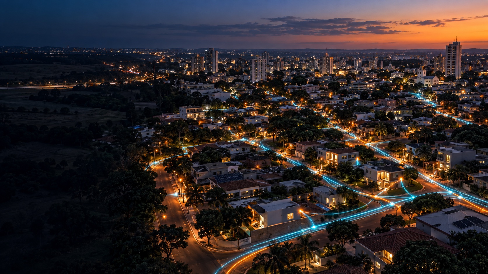 Vista aérea conceitual de Americana com a rede de fibra percorrendo as ruas
