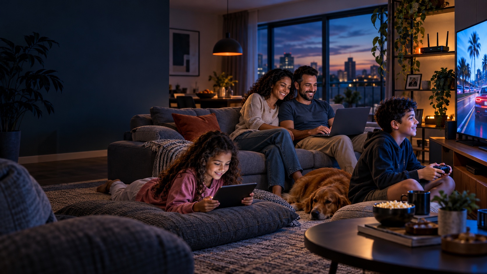 Família usando internet em vários dispositivos na sala de casa