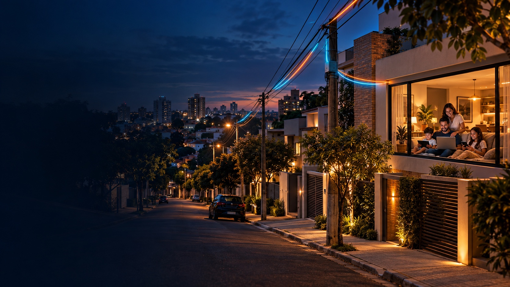 Arte conceitual de um bairro conectado em Americana ao anoitecer