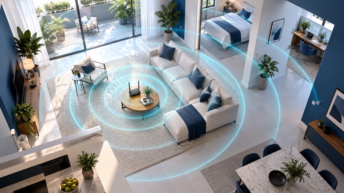 Sinal Wi-Fi alcançando diferentes ambientes de uma casa