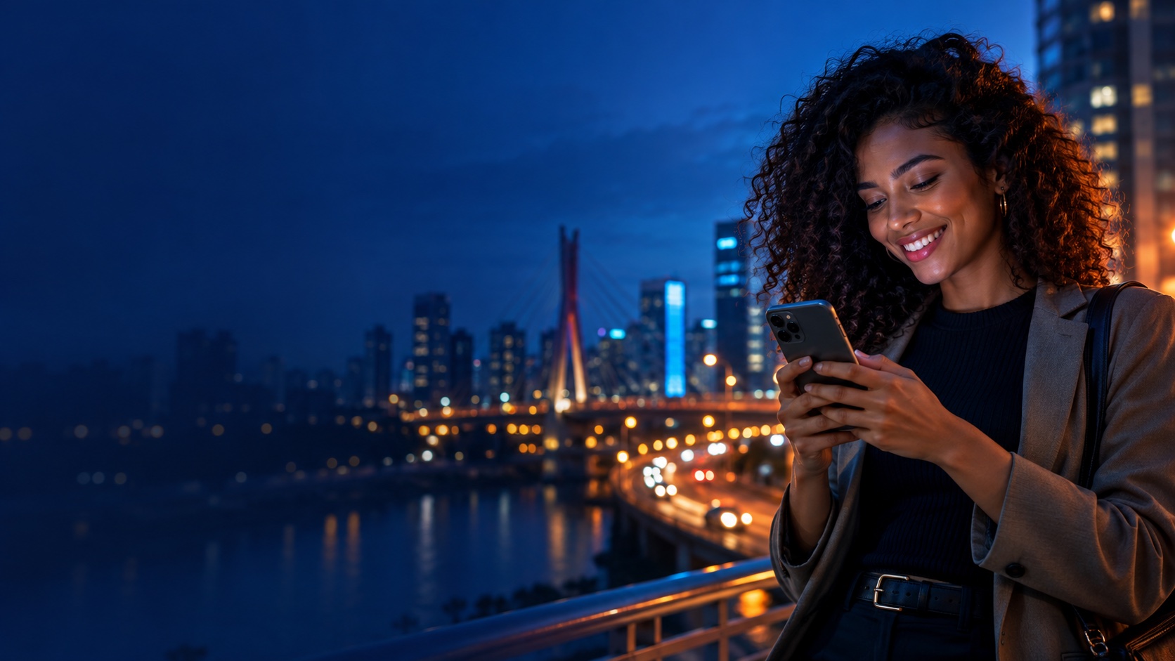 Mulher usando o celular em um ambiente urbano conectado