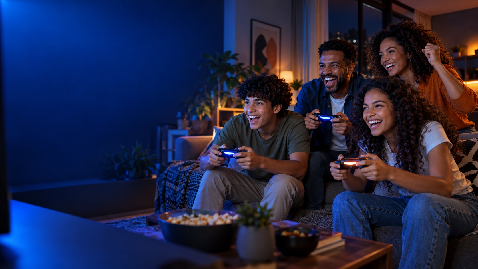 Família reunida jogando videogame com a conexão GWG em casa