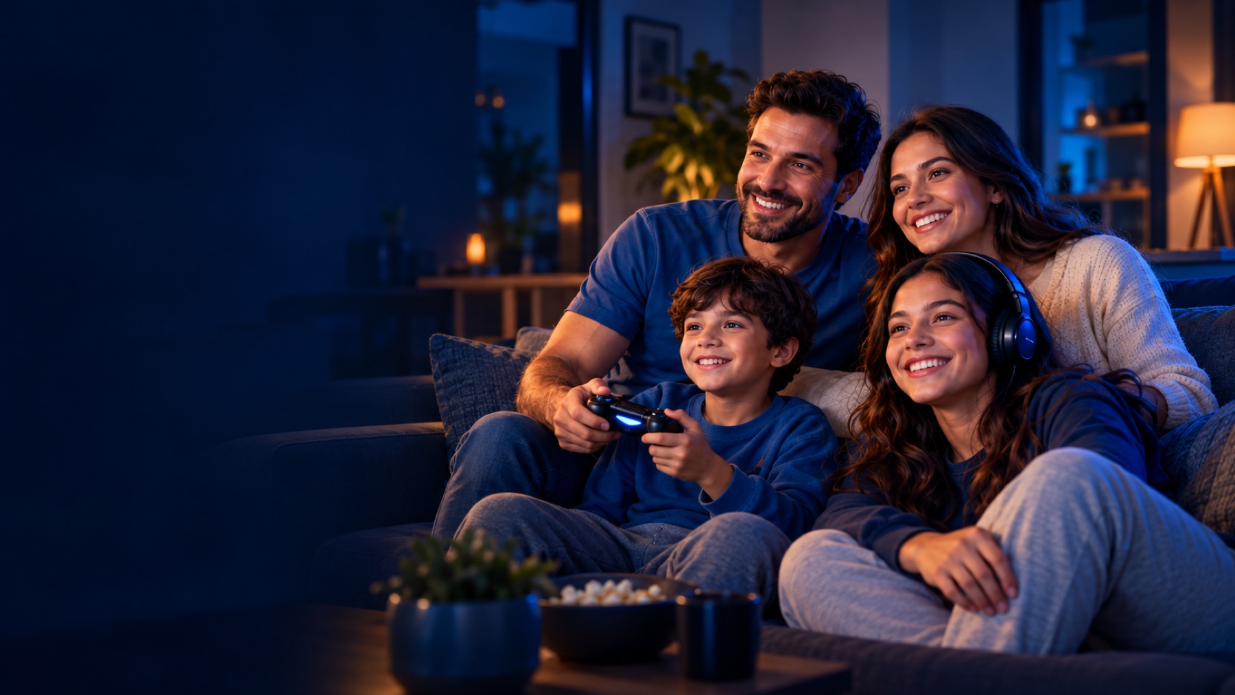 Imagem conceitual de uma família conectada em um momento de entretenimento em casa